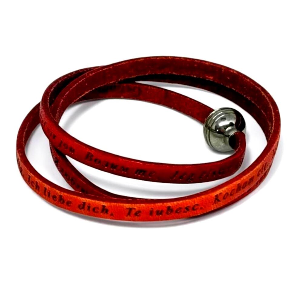 Red Leather Wrap Bracelet – “I Love You” in Multiple Languages